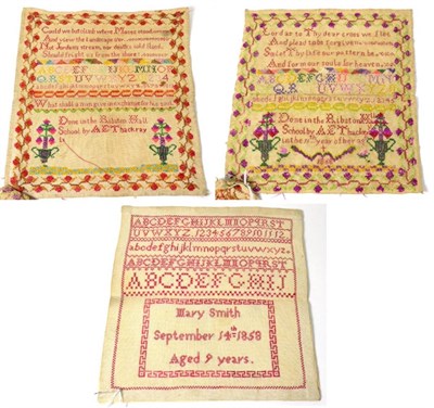 Lot 2305 - Unframed School Sampler By A E Thackery 1868, with religious verse, alphabet, 'Done in the...