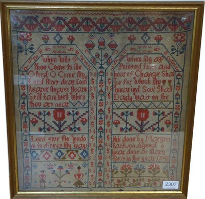 Lot 2307 - Religious Verse Sampler, worked by Margaret Jackson, bearing a date 1758, text worked in red...