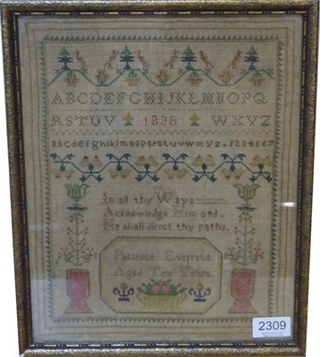 Lot 2309 - Alphabet Sampler Worked by Patience Everrett, Aged 10, 1838, worked in cross stitch with...