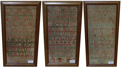 Lot 2311 - Alphabet Band Sampler Worked by E Simpson 1860, worked in red and green threads in cross-stitch, in