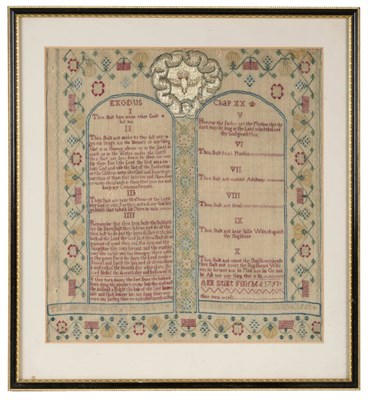 Lot 2313 - An 18th Century Sampler 'The Ten Commandments', Worked by Ann Stint, Dated 1751, Exodus Chapter...