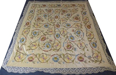 Lot 2020A - Early 20th Century Cream Silk Bed Cover, embroidered overall with floral motifs and crochet...