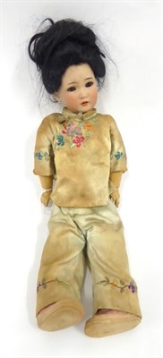 Lot 2001 - Simon and Halbig 1329 Bisque Socket Head Oriental Doll, with sleeping brown eyes, black wig, on...
