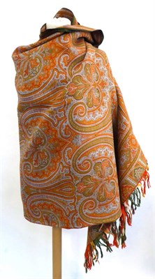 Lot 2013 - A Victorian Paisley Shawl, woven in red, green, white and orange, 160cm by 185cm