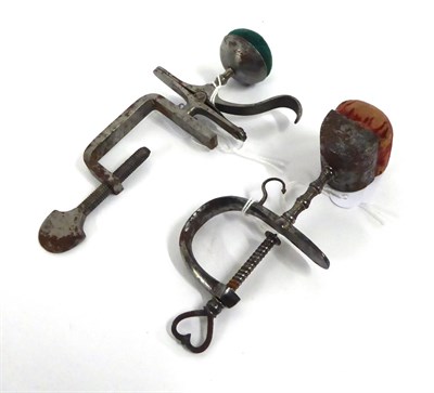 Lot 2022 - Early 19th Century Steel Sewing Clamp, with heart shaped handle to the screw of the clamp,...