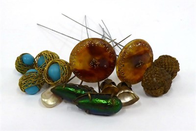 Lot 2025 - Assorted Hat Pins, including a pair of circular pique ware pins; pair of gilt metal woven...