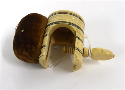 Lot 2027 - 19th Century Ivory Sewing Clamp, with turned decoration and black stripes, brown velvet pin cushion