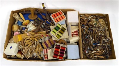 Lot 2034 - A Large Quantity of Lace Makers Accessories, including threads, over 350 wooden bobbins, boxed...