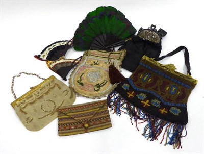 Lot 2036 - Circa 1920s and 1930s Costume Accessories, including a black silk taffeta purse, with a black...