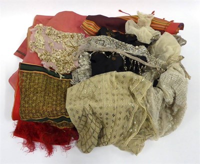 Lot 2039 - Early 20th Century Costume Accessories, including an assuit shawl; black silk large drawstring...