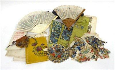 Lot 2041 - Assorted Chinese Items, including a pair of blue embroidered silk sleeve bands, trimmed in lime...