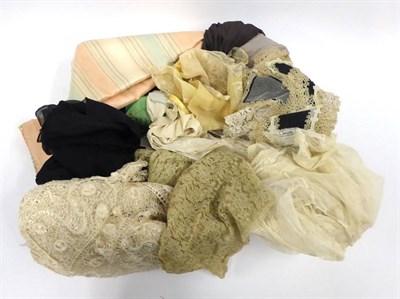 Lot 2042 - Assorted 19th Century and Later Undergarments, modesty panels, lace collars, pink silk scarf etc