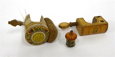 Lot 2056 - 19th Century Tunbridgeware Sewing Clamp, carved wood with painted decoration, inscribed 'Let...