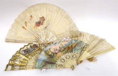 Lot 2060 - Four Assorted Late 19th Century Fans, including a large Mother of Pearl Fan with painted and...