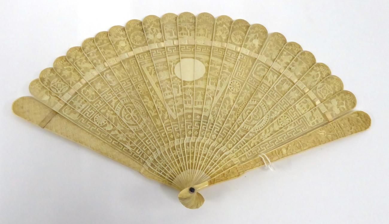 Lot 2061 - 19th Century Chinese Ivory Brise Fan, carved with decorative birds, insects, fruit and...