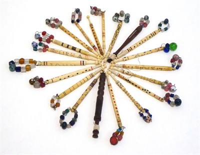 Lot 2063 - Assorted 19th Century Lace Makers Bobbins, including twelve named examples; five bone examples with