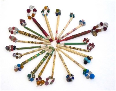 Lot 2065 - Twenty Assorted 19th Century Lace Makers Bobbins, including carved, wire bound and stained examples