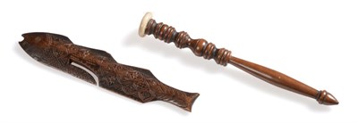 Lot 2074 - 19th Century Elm Knitting Stick, with multi turned handle and bone mount, 26cm, 16.5cm; A Primitive