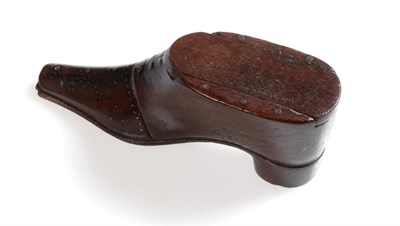 Lot 2076 - 19th Century Carved Box and Cover Modelled as a Shoe, with brass studded detail, removable...