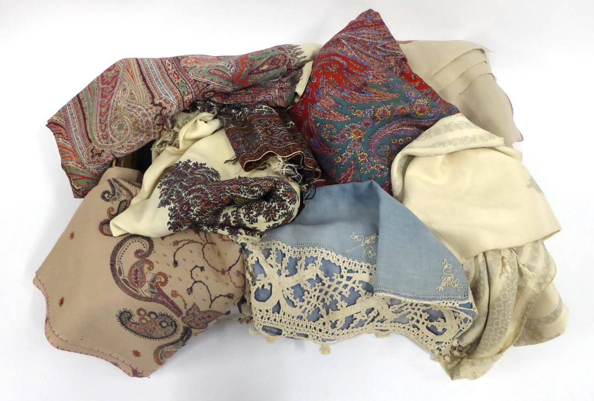 Lot 2087 - Assorted Shawls, including two printed paisley examples, a woven paisley shawl with cream...