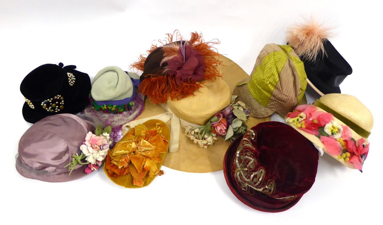 Lot 2091 - Assorted Circa 1920s-50s Hats, including a green and taupe cloche hat, velvet examples etc