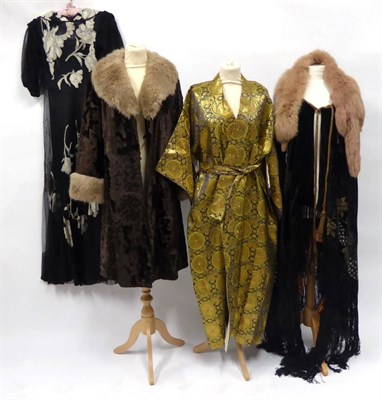 Lot 2106 - Assorted Costume, including a crushed brown velvet opera coat with fur trims, black velvet...