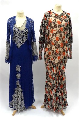 Lot 2111 - Circa 1930s Floral Printed Chiffon Bias Cut Dress, with long sleeves, peach lining and matching...