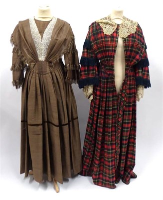 Lot 2120 - Victorian Brown Silk Striped Dress, with lace mount to the bodice, tiered sleeves with silk...