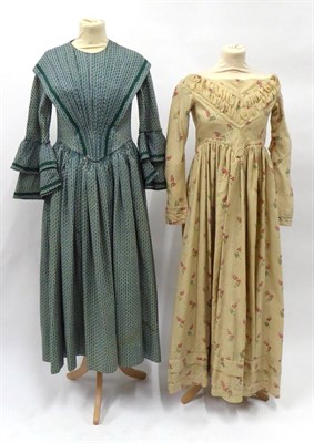 Lot 2122 - Victorian Green Spot Printed Dress, with pleated v-shaped bodice, tiered pagoda sleeves with...