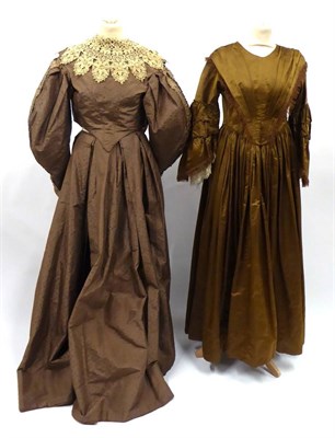 Lot 2123 - Victorian Brown Silk Two Piece, with woven design comprising a fitted bodice, detached crochet...