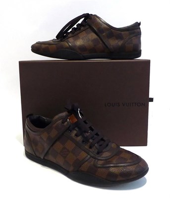 Lot 2136 - Pair of Louis Vuitton Damier Ebene Sneakers (size 38.5), with original box, dust bag, care...