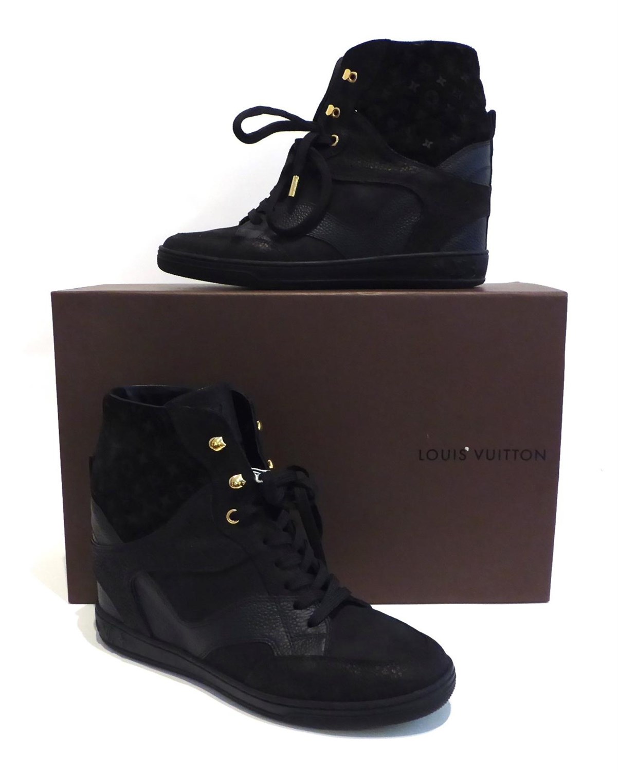 Lot 2137 - A Pair of Louis Vuitton Black Suede Calf Leather Millennium Wedge Sneakers / High Tops, with LV...
