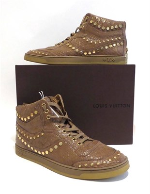 Lot 2141 - Pair of Louis Vuitton Bronze/Brown Faux Snakeskin Studded Sneakers/Trainers, with zip fastening...