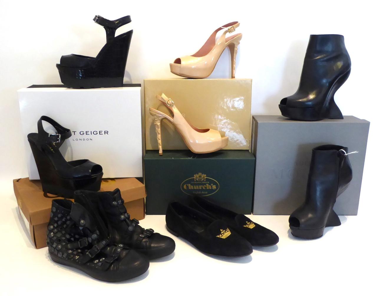Lot 2153 - Assorted Ladies Footwear, comprising pair of Alexander McQueen black inverted wedge heel peep...