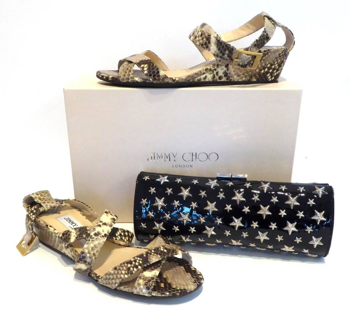 Lot 2158 - Pair of Jimmy Choo Grey and Cream Snakeskin Heeled Wedge Sandals, (size 38), with original box...