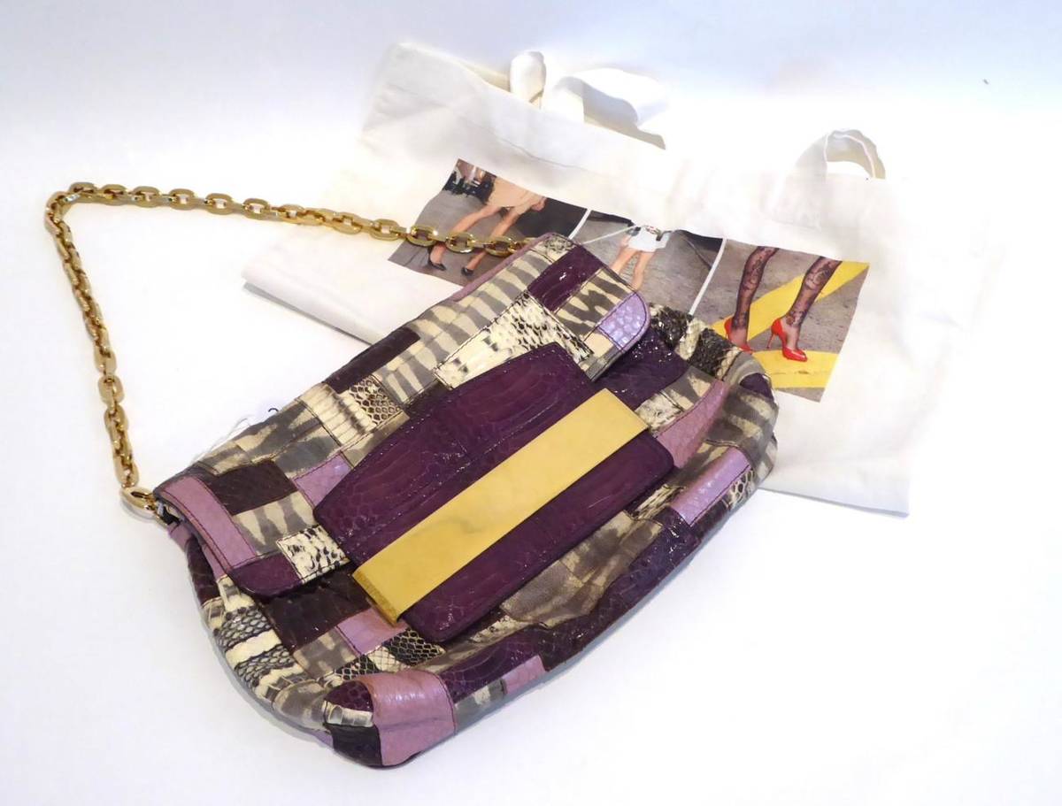 Lot 2159 - Jimmy Choo Patchwork Snakeskin Shoulder Bag, in purple, cream and grey tones, with gilt metal chain