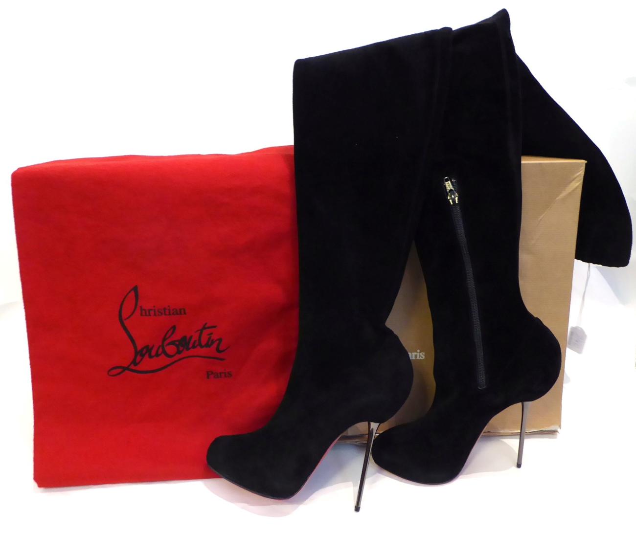 Lot 2160 - Pair of Christian Louboutin Black Over The Knee Boots, with metallic stiletto heel (size 39),...