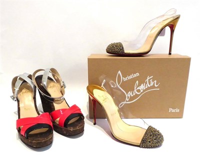 Lot 2161 - Pair of Christian Louboutin Clear Acrylic and Metallic Sling Backs, embellished with Swarovski...