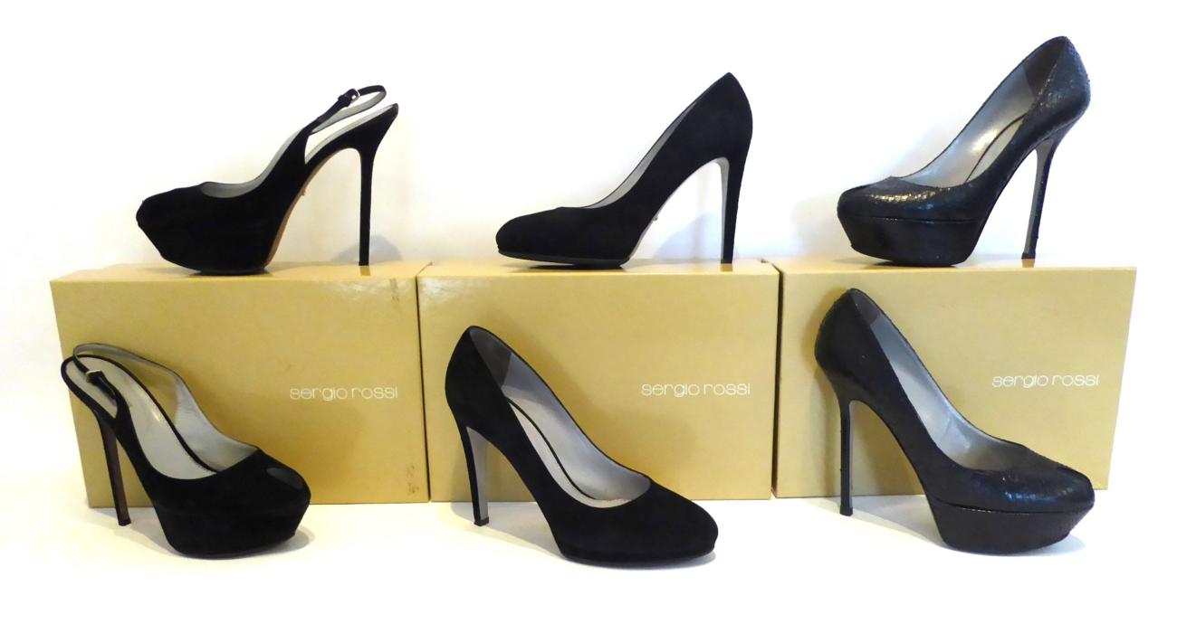 Lot 2163 - Pair of Sergio Rossi Black Suede Peep Toe Sling Back Shoes, (size 39), with box; another Pair...