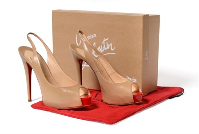 Lot 2169 - Pair of Christian Louboutin Nude Leather Stiletto Heel Sling Backs, with patent red to peep toe...