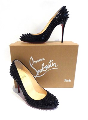Lot 2172 - Pair of Christian Louboutin Black Patent Studded Stiletto Pumps (size 38.5), with original box...