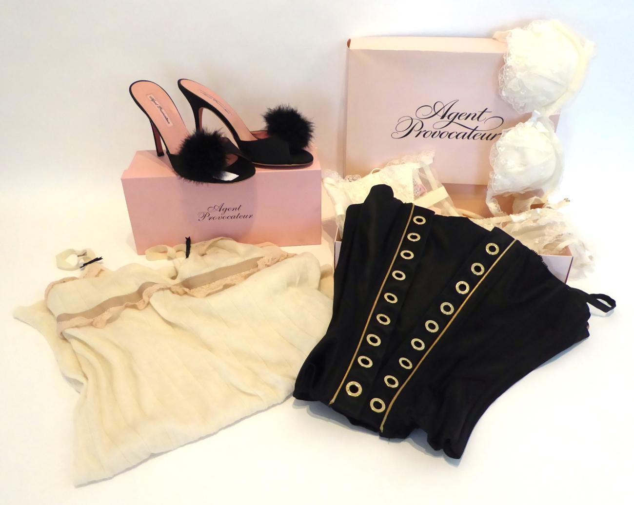 Lot 2174 - Pair of Agent Provocateur Black Stiletto Open-Toe Mules/Bedroom Shoes, with marabou pom pom...
