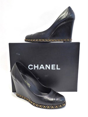 Lot 2187 - Pair of Chanel Black Leather Heeled Wedges, with gilt metal chain weave trim (size 39), with...