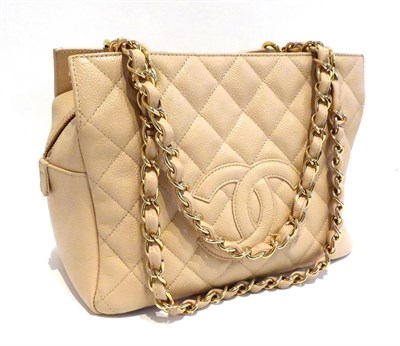 Lot 2192 - Chanel Cream Quilted Leather Handbag, with double chain weave handles and stitched interlocking...