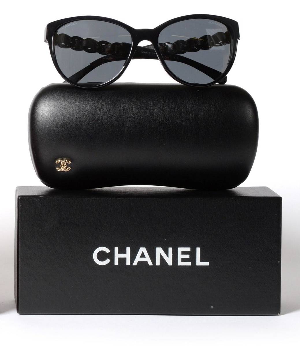 Lot 2195 - Pair of Chanel Black 'Cat Eye' Chain Sunglasses, with original Chanel glasses case and box
