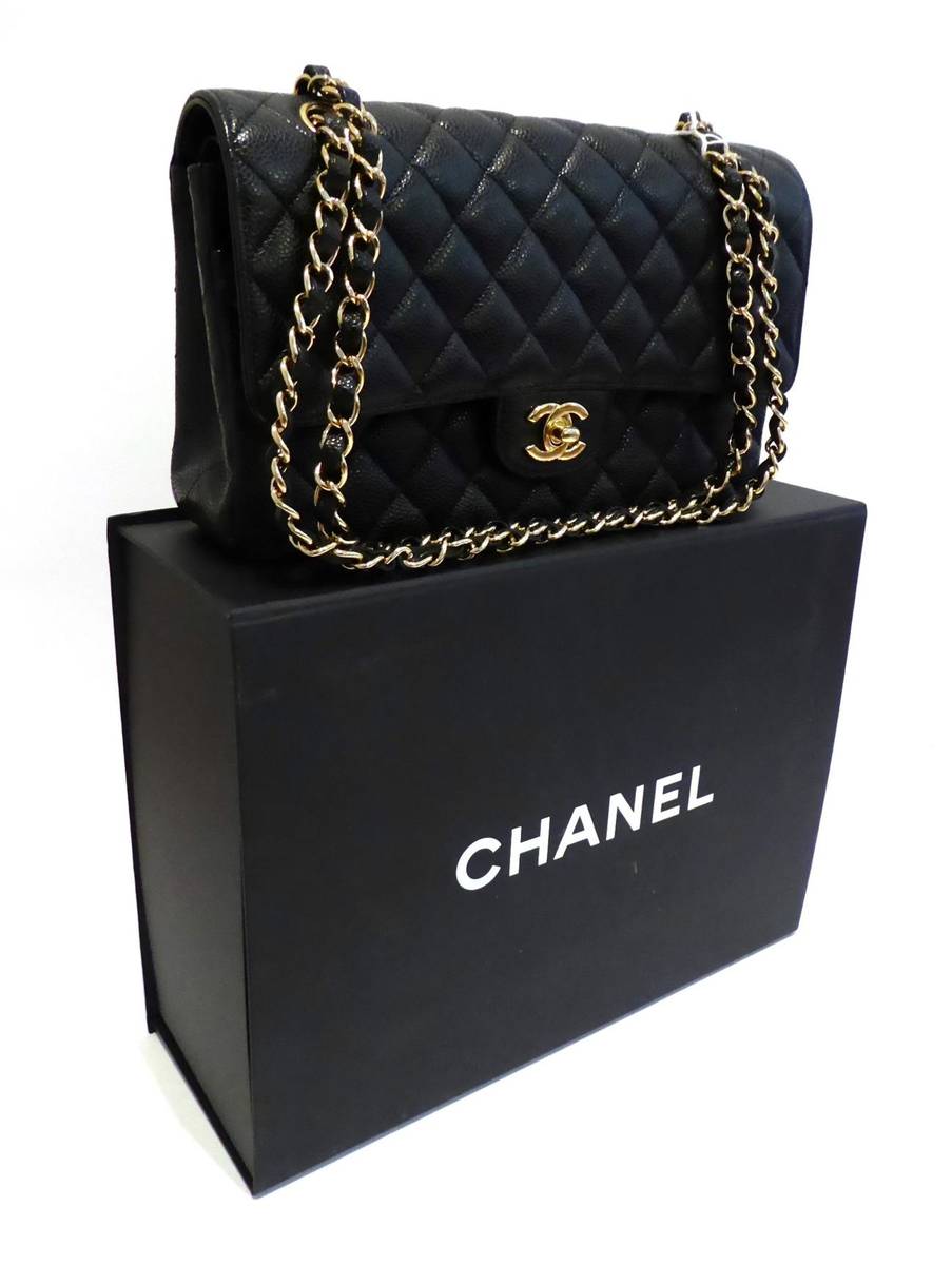 Lot 2197 - Chanel Black Quilted Leather Classic Flap Bag, with double chain weave handles, internal serial...