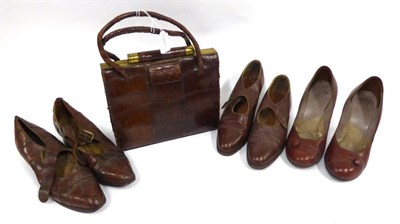 Lot 2208 - Circa 1940s Accessories, including a pair of brown leather heels with tab detail, a pair of...