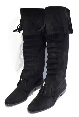 Lot 2218 - A Pair of Gucci Black Suede Boots, with flat leather heel, knee high and tassel fringing, cream...
