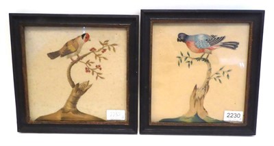 Lot 2230 - A Pair George III Needlework Pictures, depicting a bird on a branch, on cream wool ground, in a...