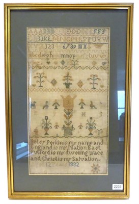 Lot 2233 - An Alphabet Sampler Worked By Betsy Perkins, East Putford, Aged 12, 1832, worked in brown and green